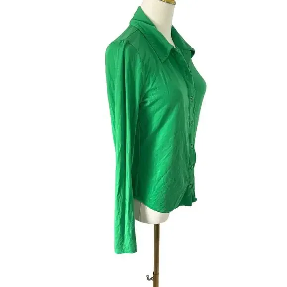 Wilfred Aritzia Pose Green Button-Up Shirt Tencel Lyocell Demure Bold Maximalist - Picture 9 of 13
